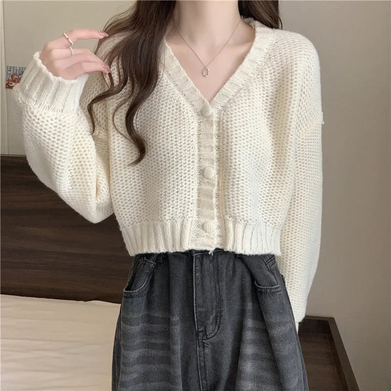Button-Up V-Neck Sweet Casual Knit Cardigan