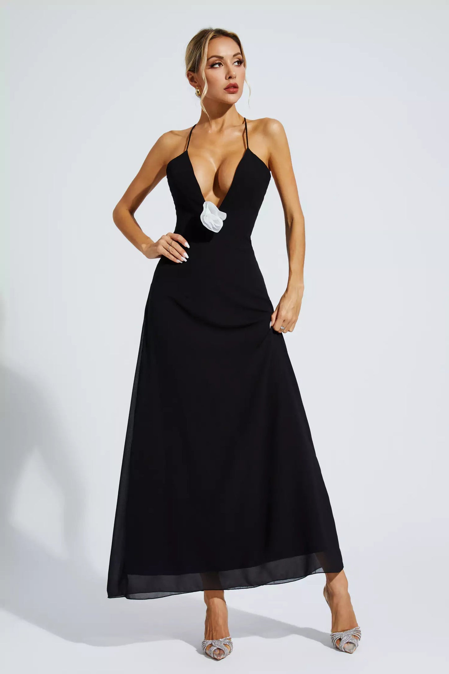 Wrenley Black Floral Embellished Maxi Dress