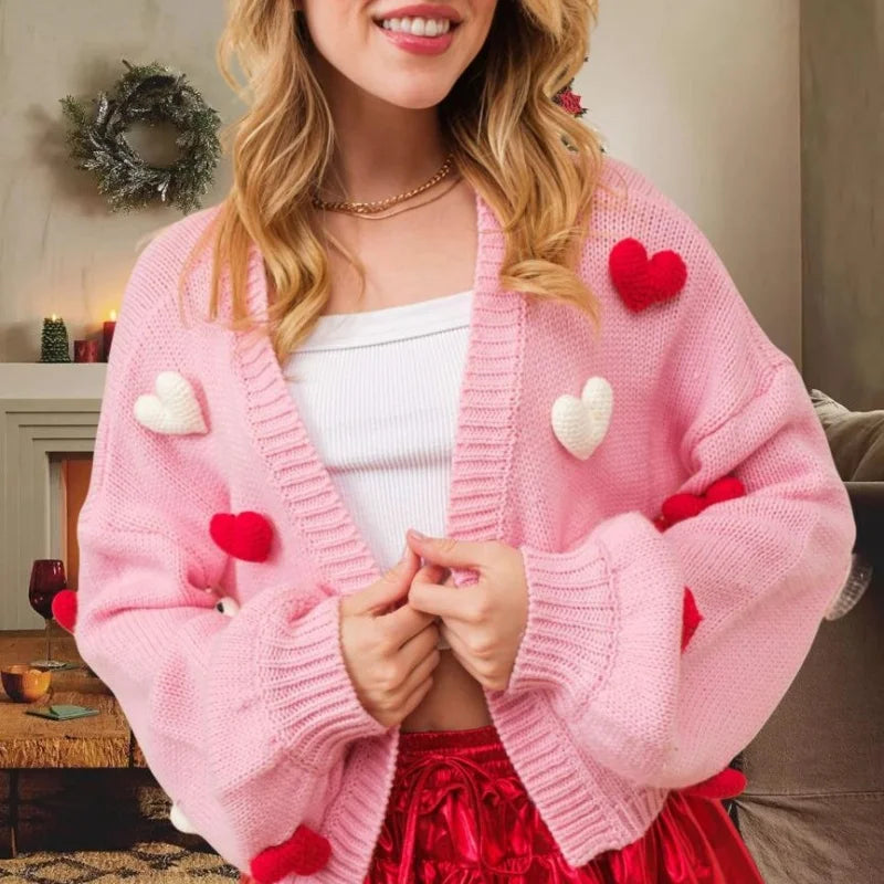 3D Heart Print Single Breasted Knit Cardigan