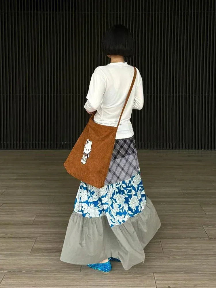 Y2K Blue Flower Patch Full Skirt Personalized Large Pocket Skirt