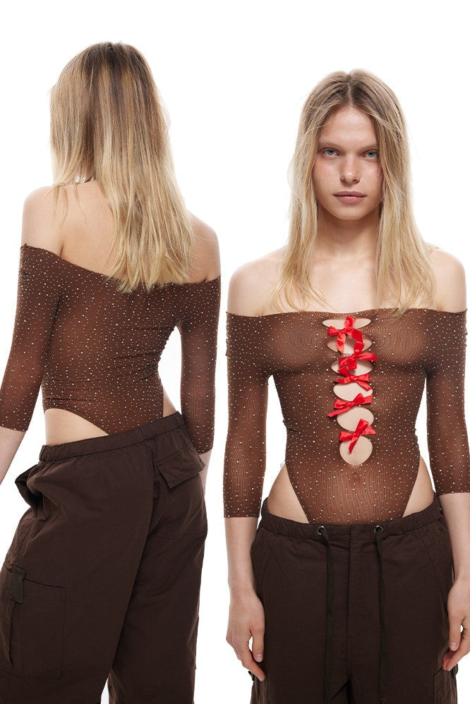 Yara Off Shoulder Crystal Bodysuit - Brown