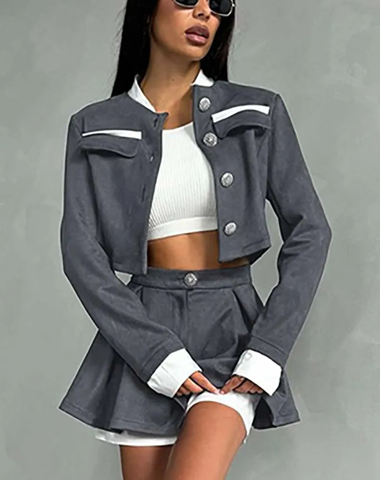 Grey Patchwork Crop Pleated Mini Office Two Piece Set