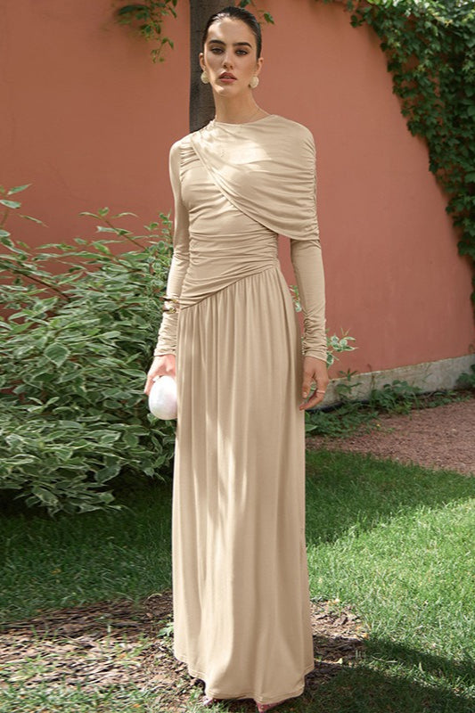 Vintage Ruched High Waist Long Sleeve Maxi Dress