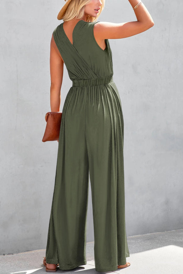 Jungle Green Deep V Pocketed Pleated Wide Leg Jumpsuit
