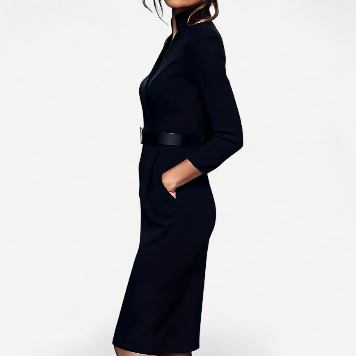 The Miriam — Belted Pencil Dress with Gold Buckle