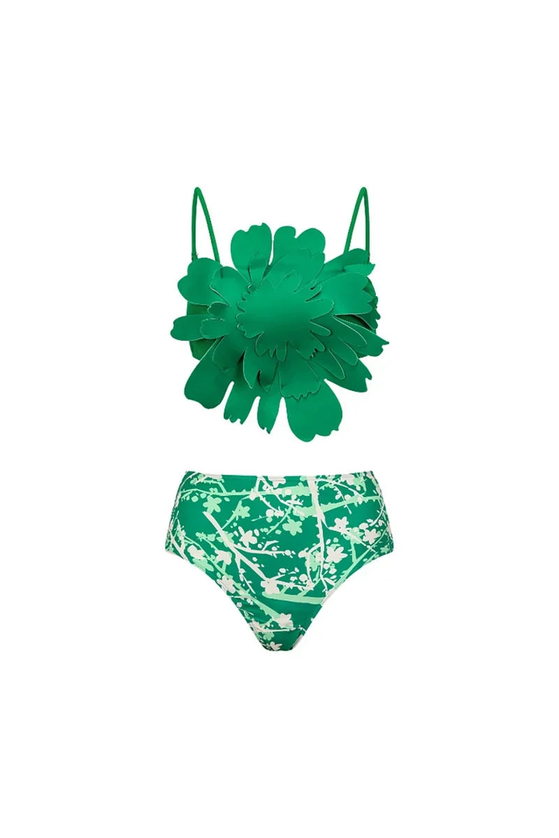 Floral Accent Green Printed Bikini Set