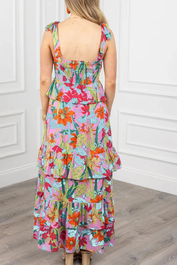 Multicolour Boho Floral Print Knot Strap Ruffle Layered Maxi Dress