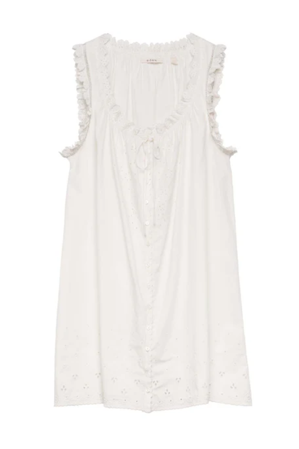 Short Skirt with Pearl Buttons and Scalloped Trim and Round Neck.