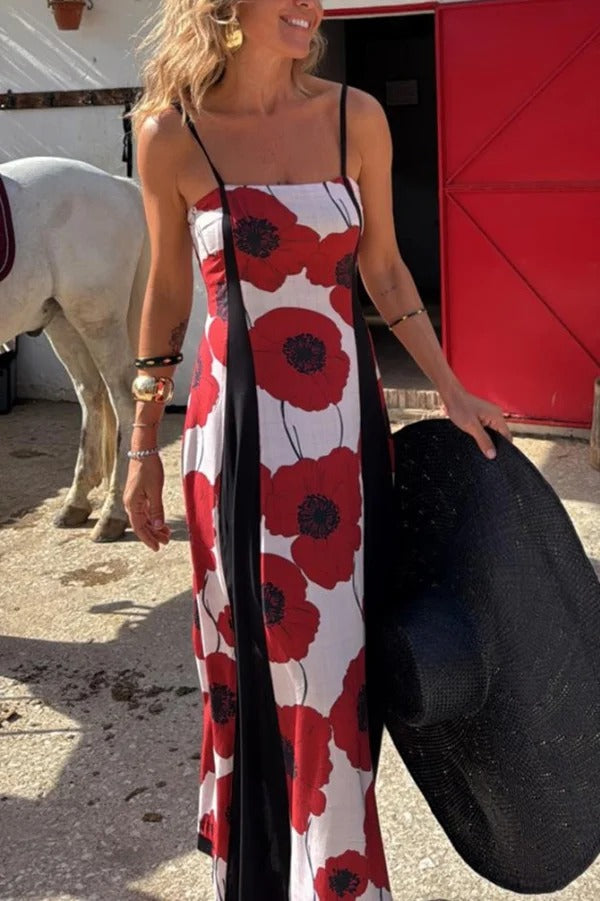 Floral Print Suspenders Paneled Back Pleated Maxi Dress