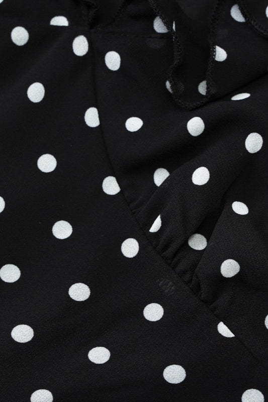 Polka Dot Ruffle Trim Deep V-Neck Cap Sleeve Bodycon Mini Dress