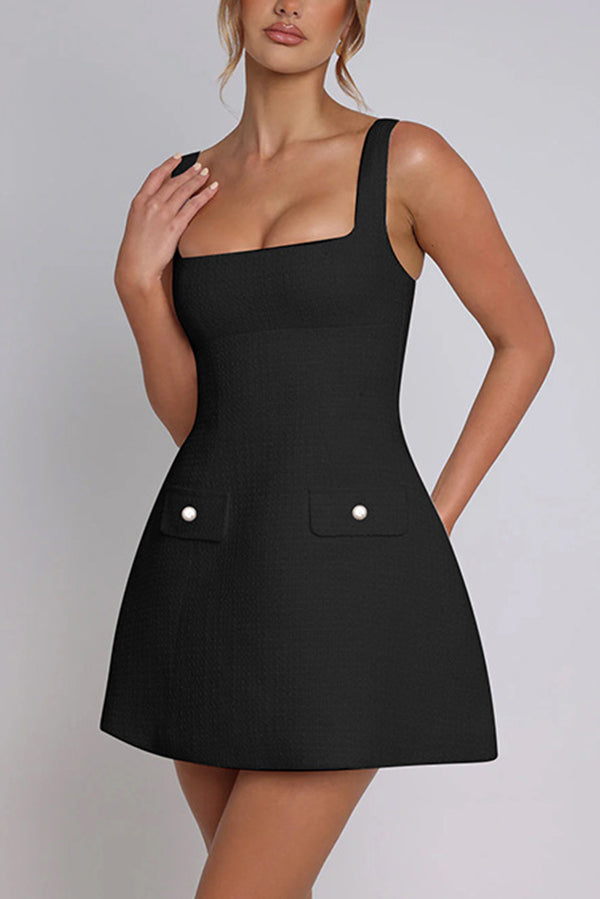 Elegant Tweed Square Neck Open Back Slim Pocket Mini Dress