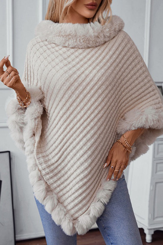 Vintage Solid Check Knit Fleece-Collar Coat