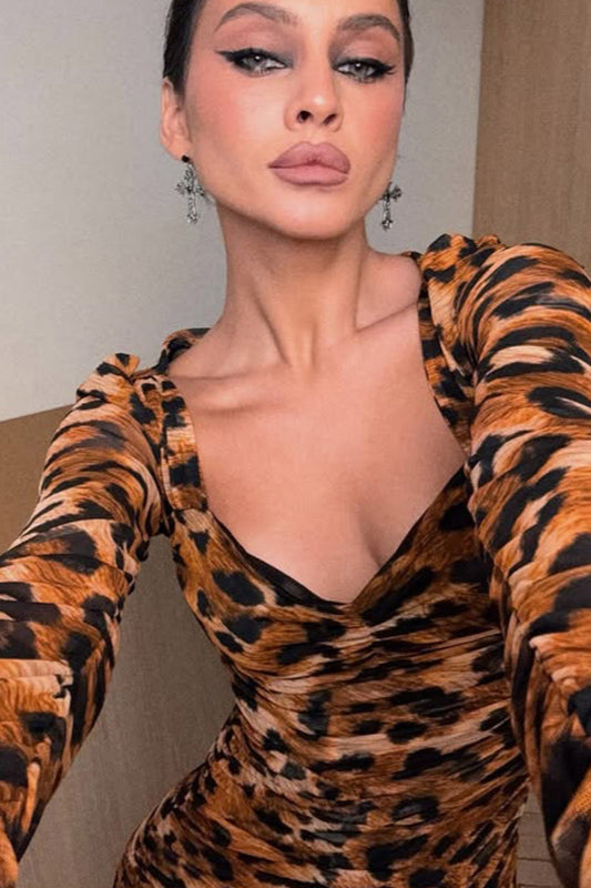 Chic Leopard Print Square Neck Bodycon Maxi Dress
