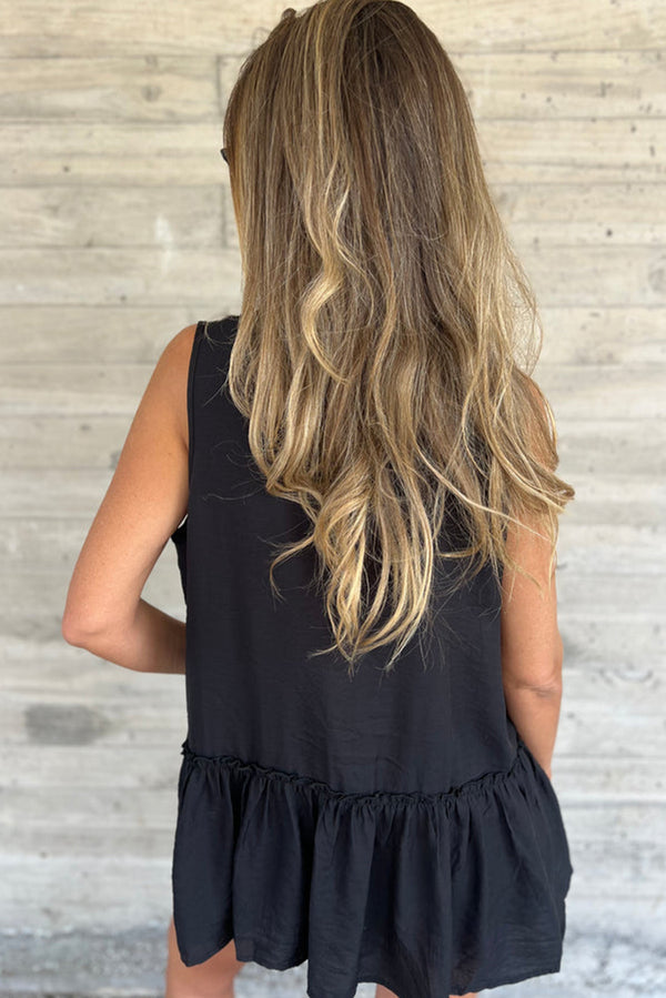 Black Plain Frill Ruffle Hem Sleeveless Shirt