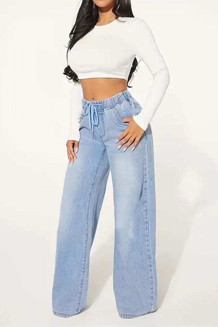 Drawstring High Waist Wide Leg Jean