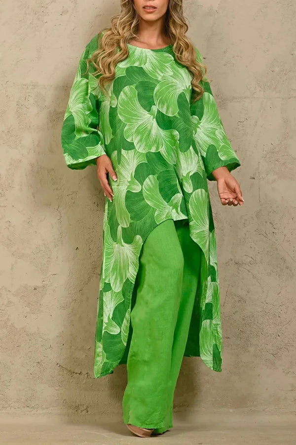 Exquisite Floral Print Crew Neck Paneled Pant Suit