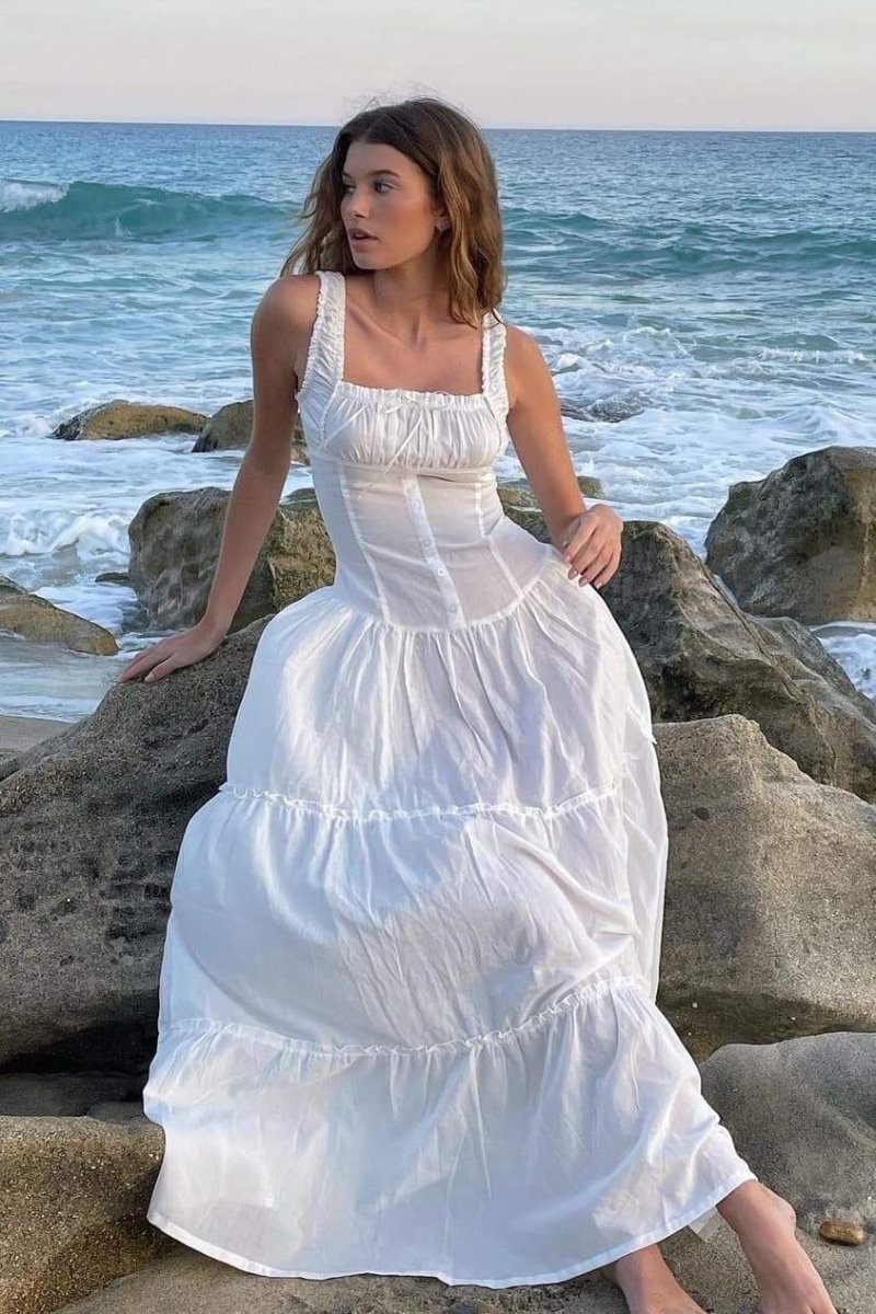 Square Neck Ruffle Strap Tiered Button Placket Maxi Dress