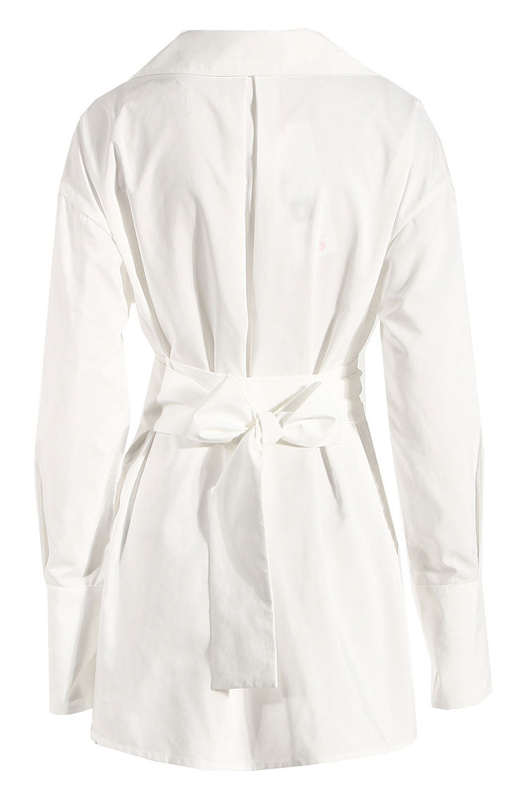 Button Front Long Sleeve Belted Wrap Shirt Mini Dress