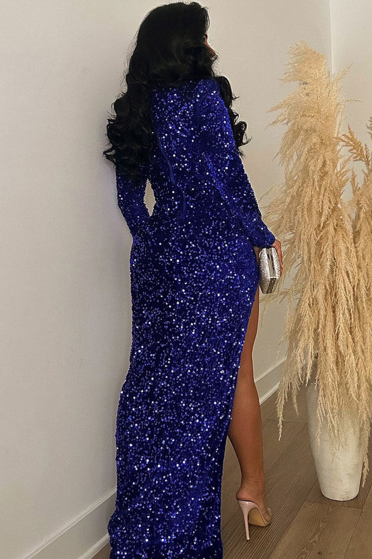 Asymmetrical Sequin Corset Bustier Cut Out High Slit Maxi Gown