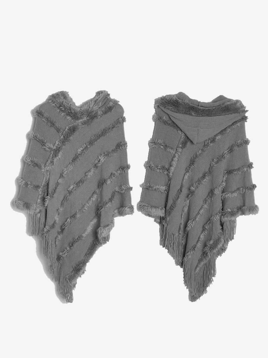 Women Poncho Hooded Green Oversized Fringe Cape
