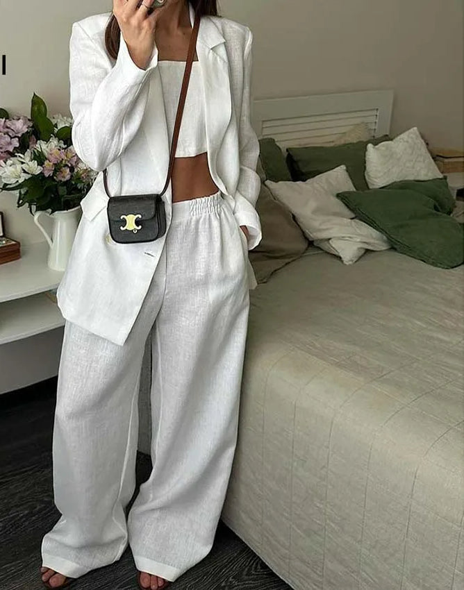 White Single Button Strapless Pants Office Two Piece Set