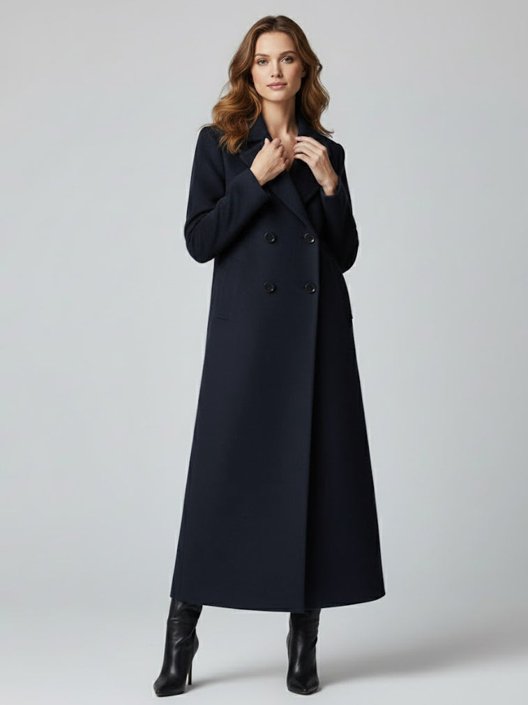 Maxi Double-breasted Woolen Coat in Sophisticated Straight Cut For Women 2026