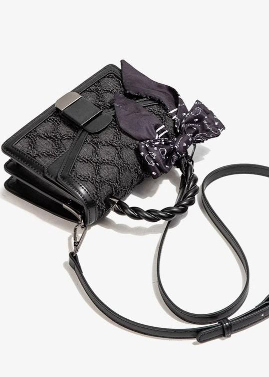Aurelia Noir - Textured Faux Leather Mini Handbag with Printed Bow