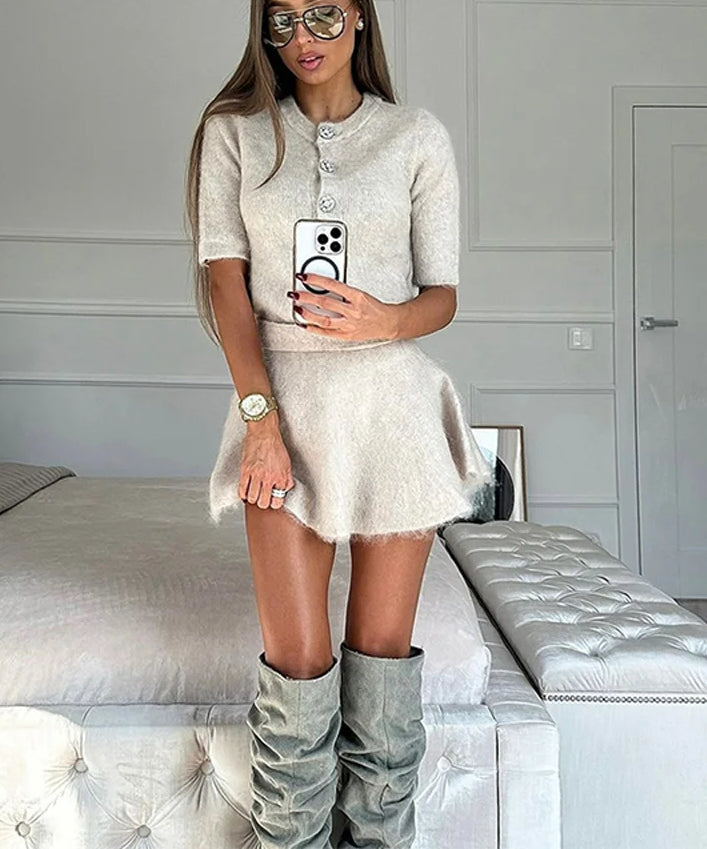 Cozy Knit Pleated Mini Skirt Office Two Piece Set
