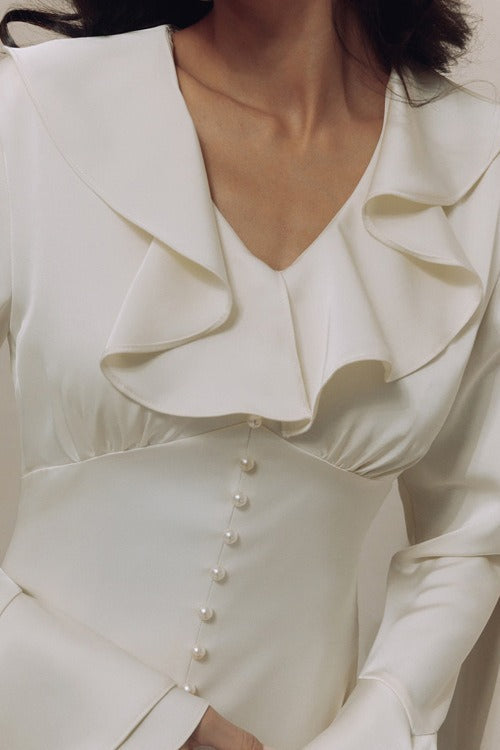 Vintage Ruffled V-Neck Flared Sleeve Maxi Dress