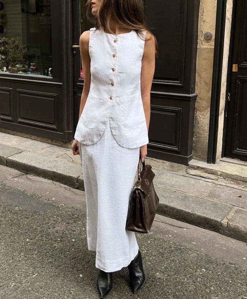 White Cotton Sleeveless Long Skirt Office Two Piece Set