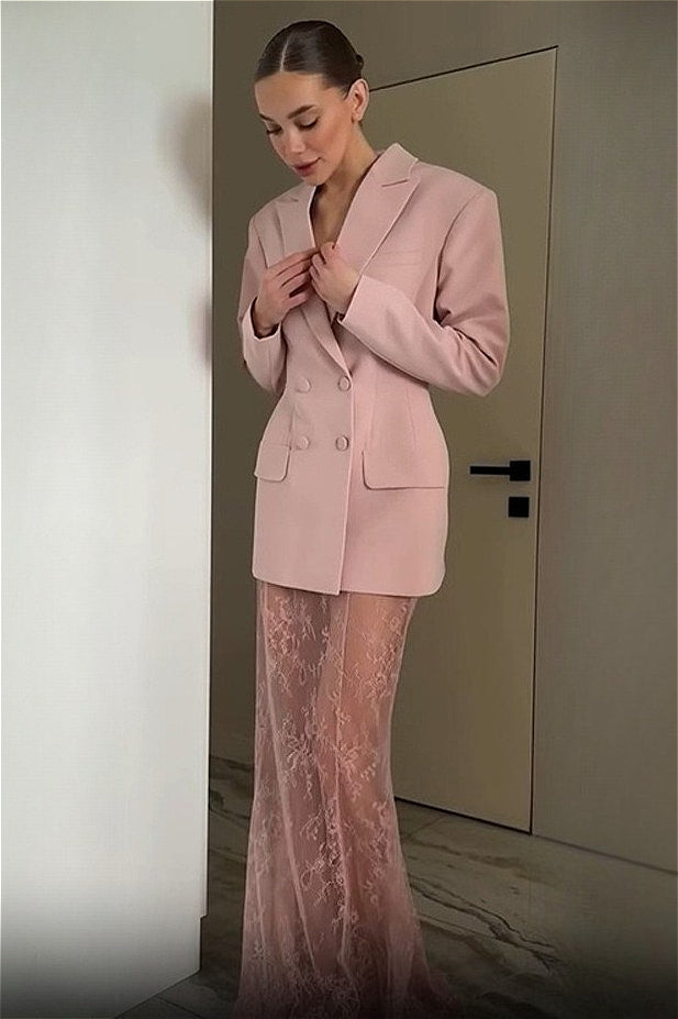 Chic Blazer Lace Skirt Two Piece Set