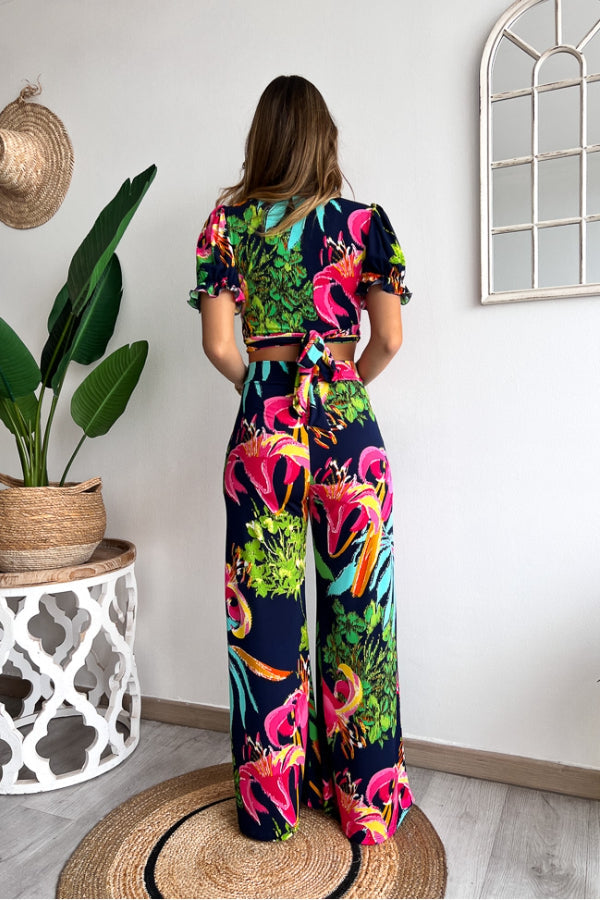 Floral Print V Neck Short Sleeves Crop Top Elastic Waist Wide Leg Pants Set