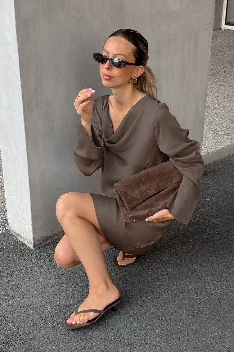 Satin Cowl Neck Long Sleeve Ruffled Hem Mini Dress