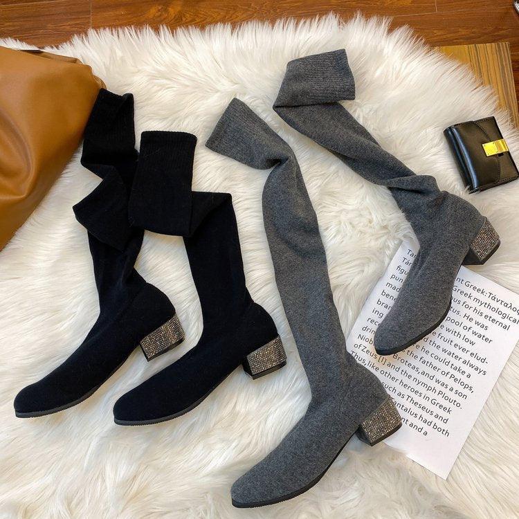 Womens Thigh High Stretch Breathable Pointed Toe Rhinestone Thick Heel Knitting Sock Boots