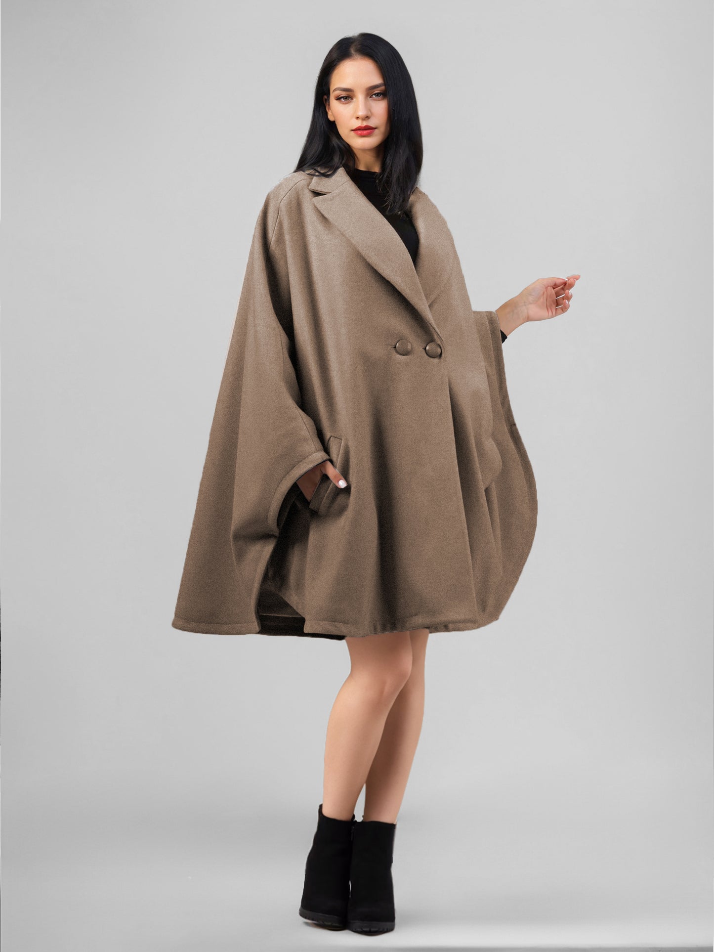 Wool Blend Cape Coat Dark Navy Lapel Oversized Poncho Winter Outerwear For Women 2026
