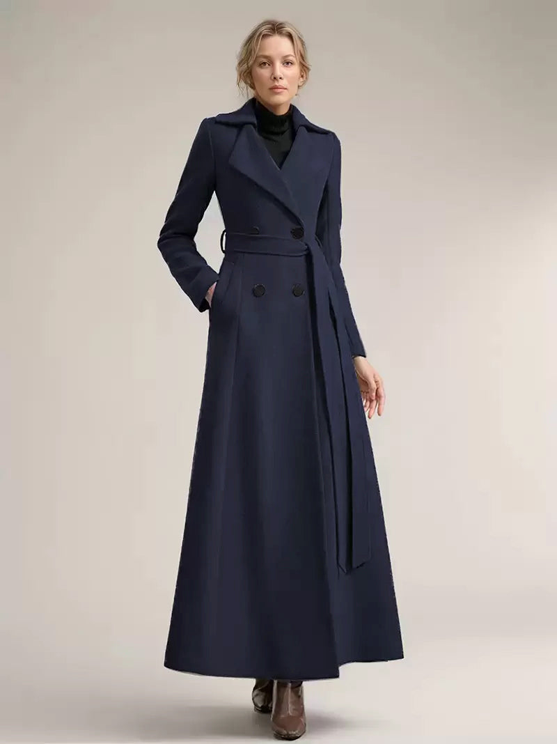Full-length Woolen Coat For Women Wide Notched Lapel Double-breasted Belted Winter Outerwear In Solid Color 2026
