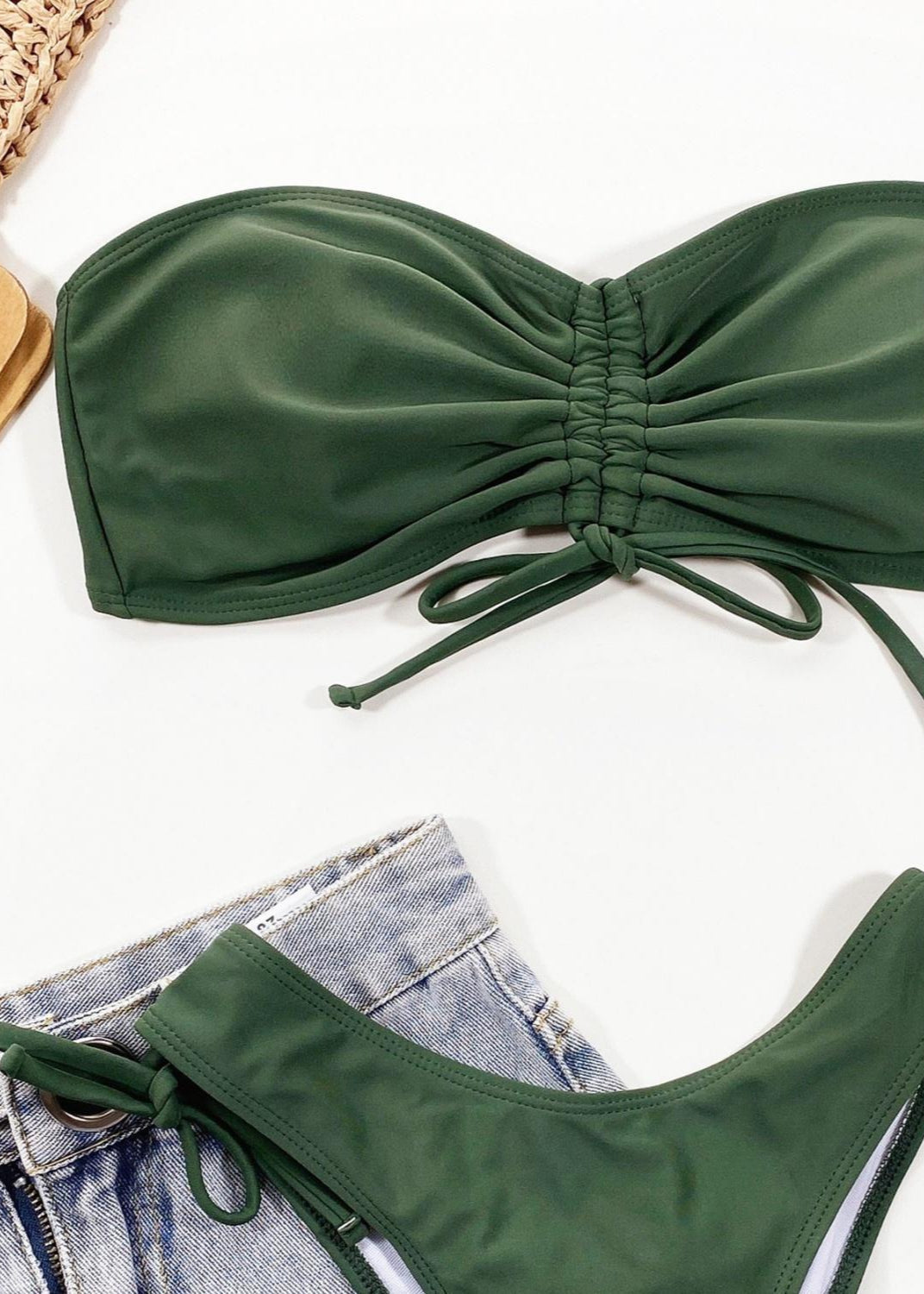 Sierra Dune - Olive Bandeau Bikini with Ruched Tie Bottom