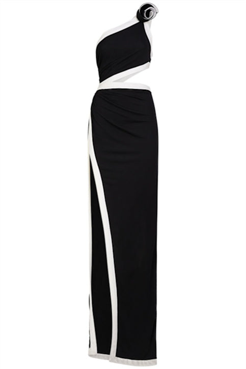 Salome Asymmetric Floral Applique Maxi Dress