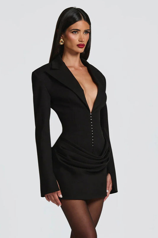 Peak Lapel Deep Plunge Corset Hook Closure Ruched Wrap Blazer Mini Dress