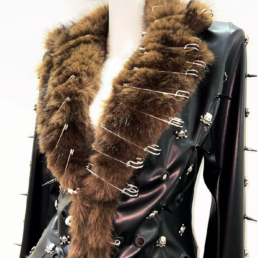 2 piece long sleeve fluffy o ring PU leather mini skirt set