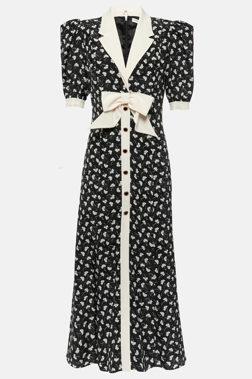 Rita Floral Bow Trimmed Puff Sleeve V-Neckline Midi Dress