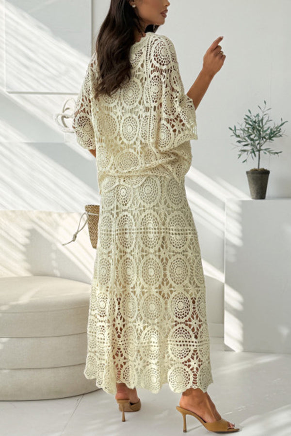 Pasarello Crochet Cutout Wide Neck Batwing Half Sleeve Loose Cover-up Top