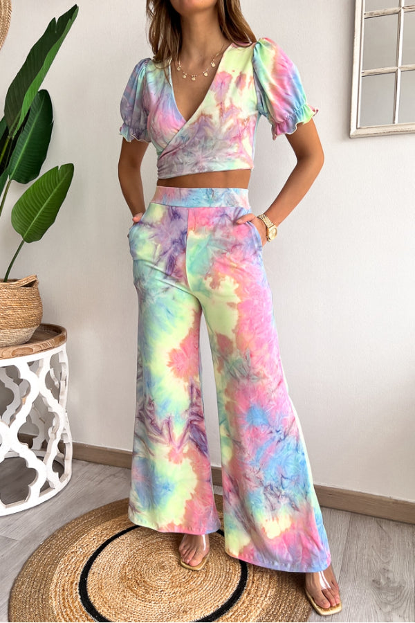 Floral Print V Neck Short Sleeves Crop Top Elastic Waist Wide Leg Pants Set