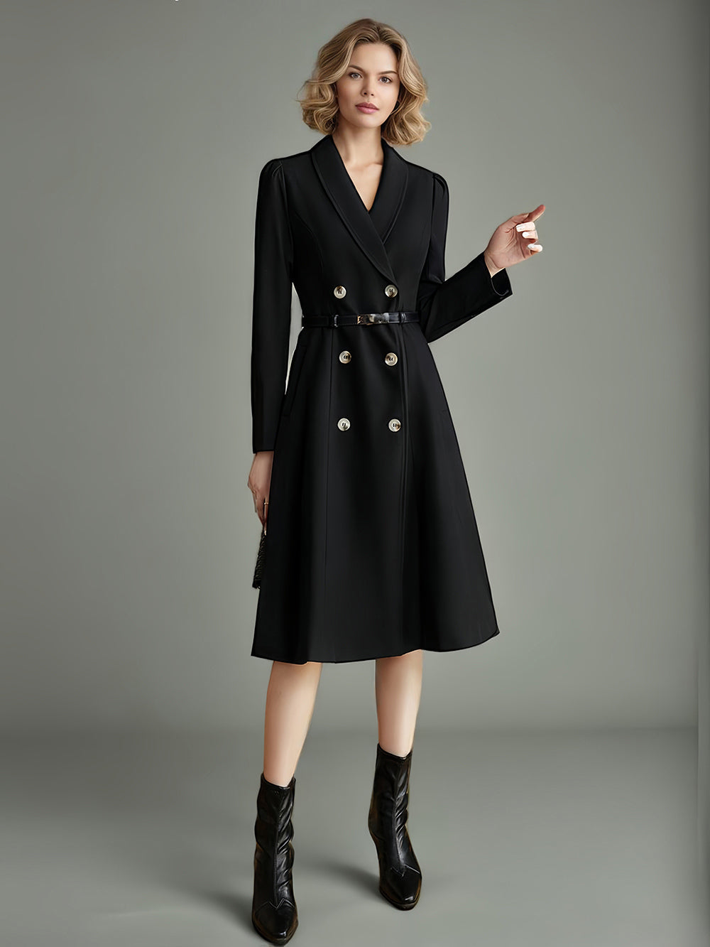 Blazer Dresses Lapel Belted Long Sleeves Knee-Length Business Casual Dress