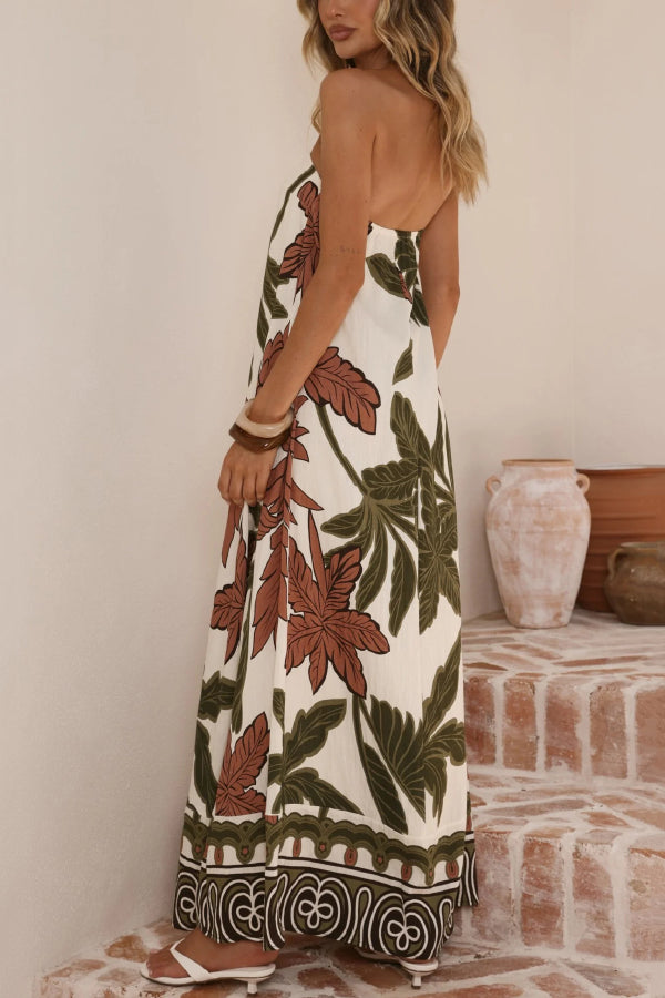 Botanical Print Sleeveless Off-shoulder Resort-style Loose Maxi Dress