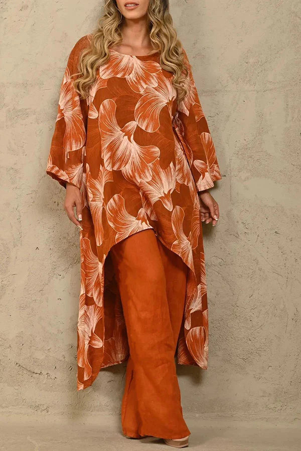 Exquisite Floral Print Crew Neck Paneled Pant Suit