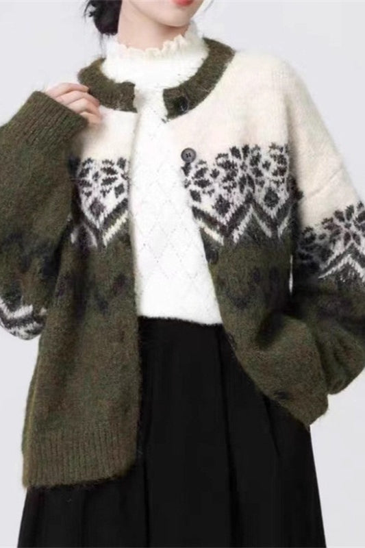 Retro Nordic Christmas Snowflake Jacquard Knit Cardigan
