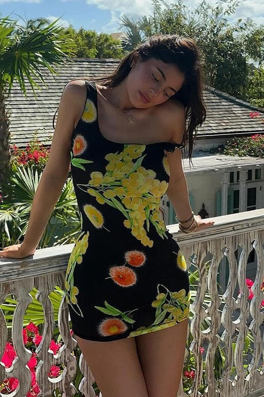 Mimosa Floral Print Scoop Neck Tank Strap Bodycon Mini Dress