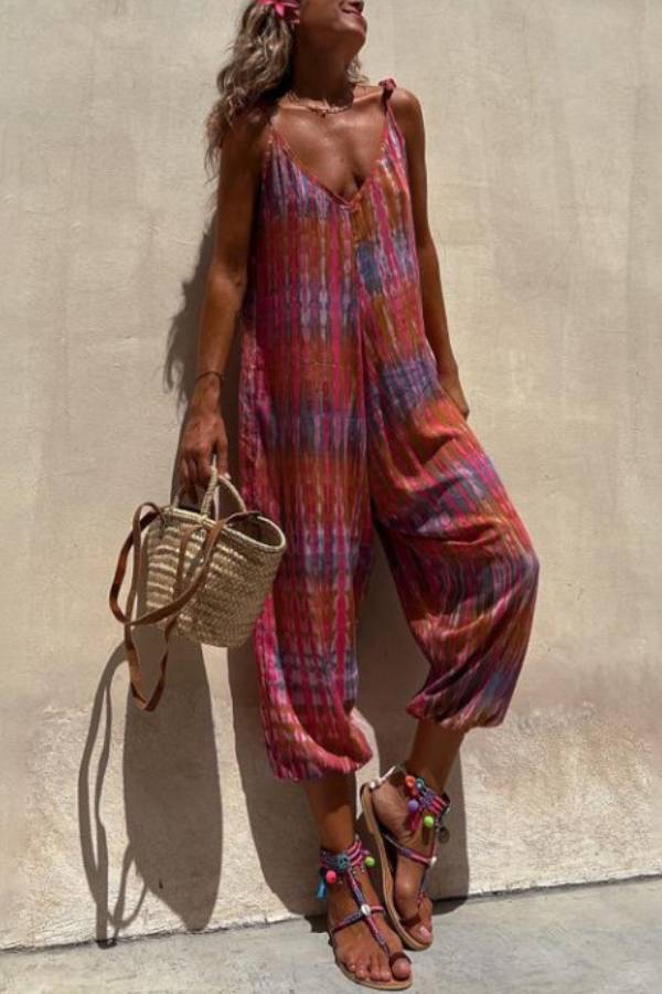 V-neck Printed Loose Lace-up Jumpsuit