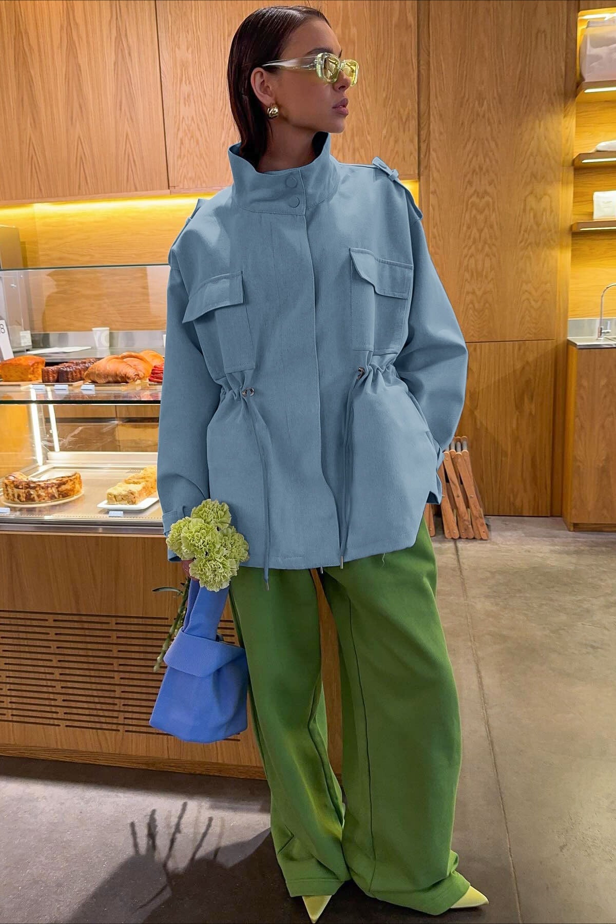 High Neck Cinched Waist Cotton Jacket